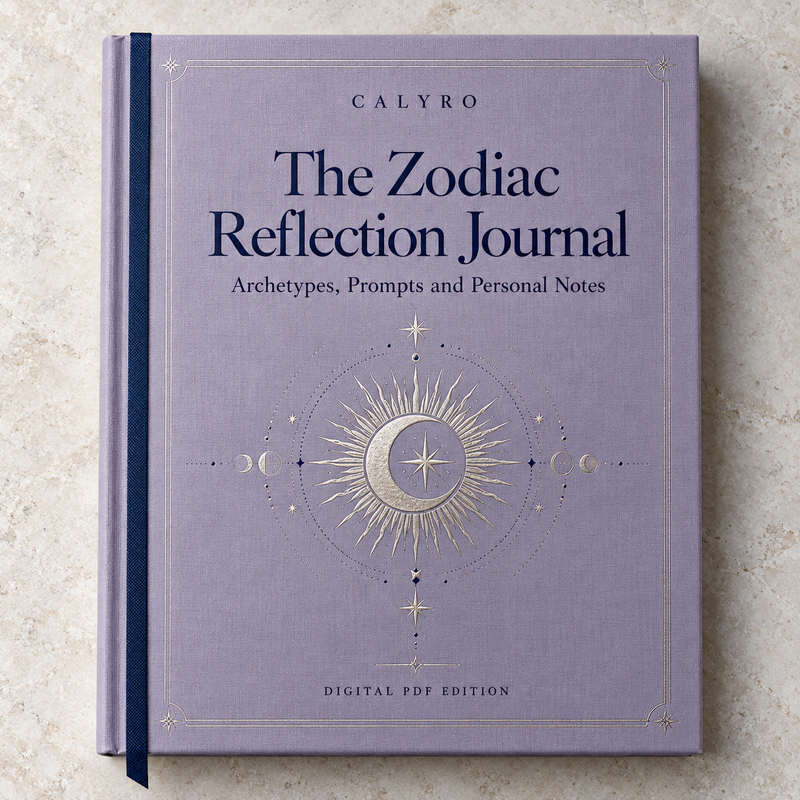 CALYRO book mockup for The Zodiac Reflection Journal Archetypes, Prompts and Personal Notes.