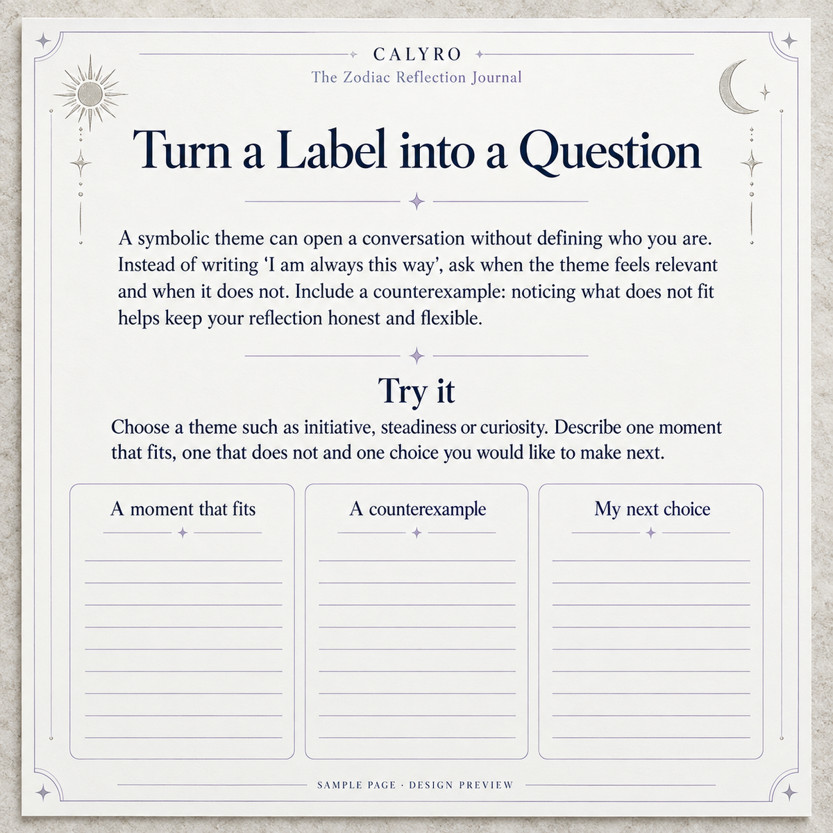 Sample page from The Zodiac Reflection Journal: Turn a Label into a Question.