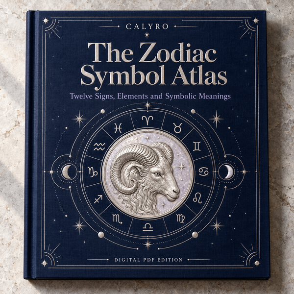 CALYRO book mockup for The Zodiac Symbol Atlas Twelve Signs, Elements and Symbolic Meaning.