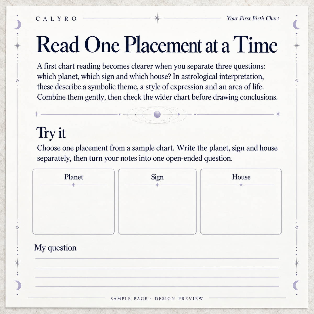 Sample page from Your First Birth Chart: Read One Placement at a Time.